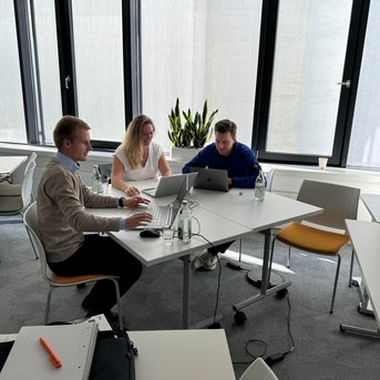 Drei Personen arbeiten an einem Tisch in einem modernen Büro. Zwei nutzen Laptops, während die dritte Person auf einen Bildschirm schaut. Pflanzen sind im Hintergrund sichtbar.