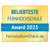Beliebteste Fernhochschule Beliebteste Fernhochschule Award 2025, verliehen von FernstudiumCheck.de. Das Design ist in Gelb und Blau gehalten.