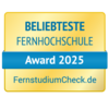 Beliebteste Fernhochschule Beliebteste Fernhochschule Award 2025, verliehen von FernstudiumCheck.de. Das Design ist in Gelb und Blau gehalten.