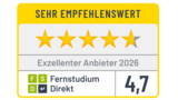 Exzellenter Anbieter 2025 Sehr empfehlenswertes Zertifikat mit vier vollen und einem halben Stern. Auszeichnung als exzellenter Anbieter 2025 für Fernstudium Direkt mit einer Bewertung von 4,6.