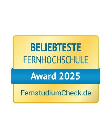 Beliebteste Fernhochschule 2023 von FernstudiumCheck.de sowie Siegel der FIBAA Akkreditierung