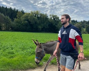 Ein Mann führt einen Esel an der Leine auf einem Weg entlang einer grünen Wiese unter einem bewölkten Himmel.