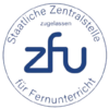 Logo der Deutschen Zentralstelle für Fernunterricht (ZFU) mit dem Schriftzug "ZFU" und dem Hinweis auf die Zulassung.